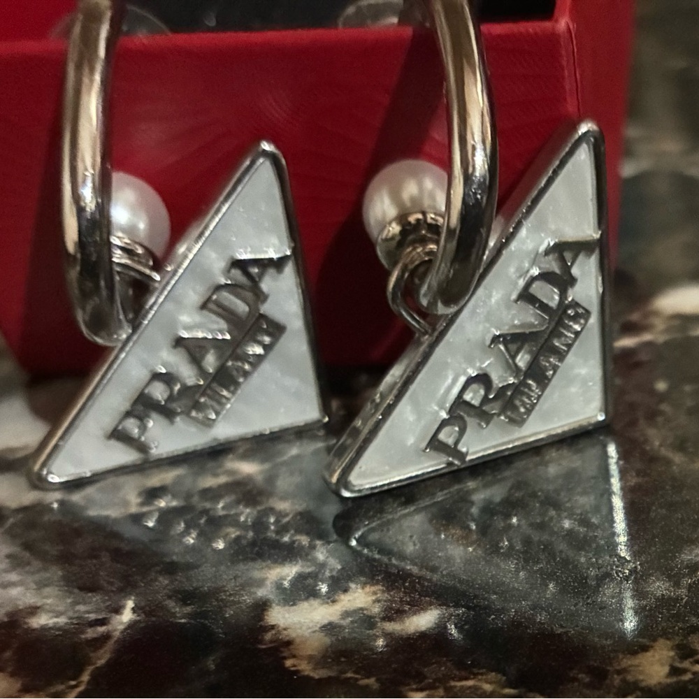 Silver Triangle Logo Half Hoop Earrings - Picture 4 of 4